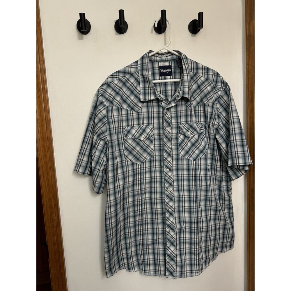 Wrangler Men's Western Shirt XXL Blue Plaid Short Sleeve Pearl Snap V